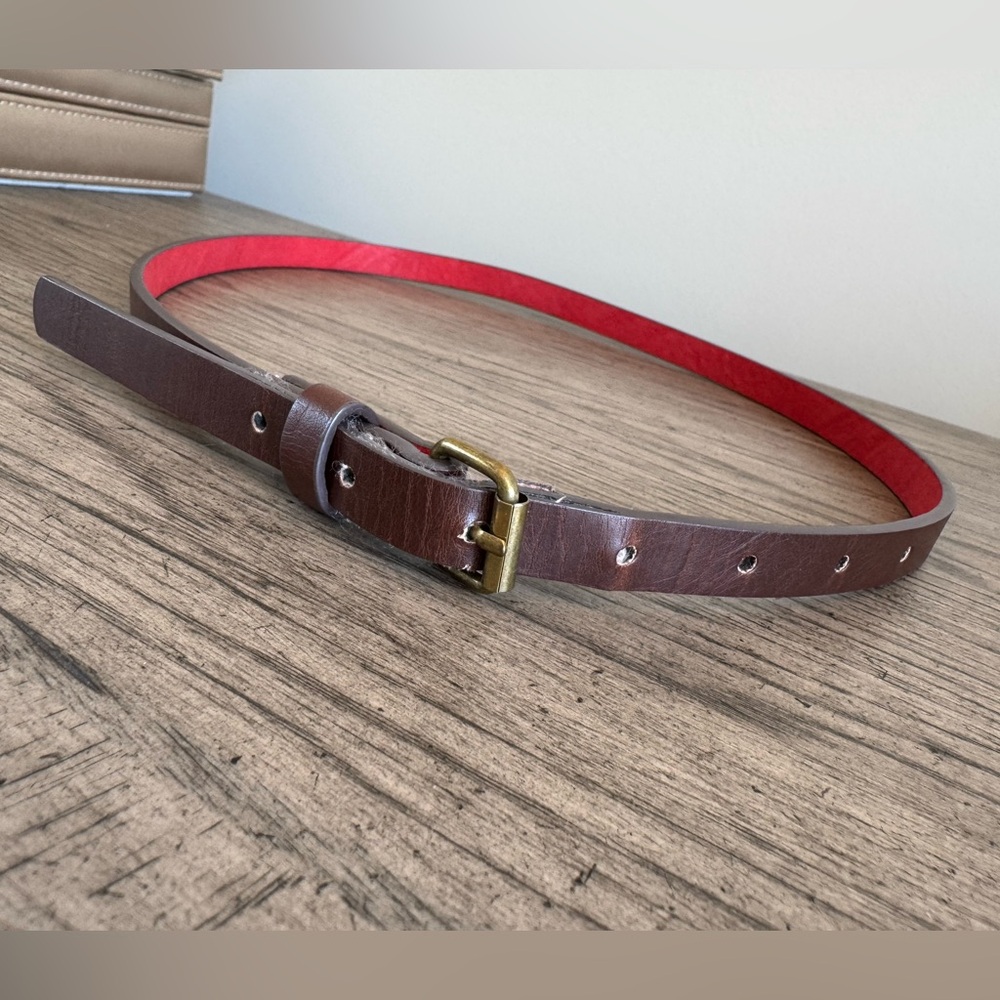Chocolate Brown Leather Belt Skinny Gold Buckle - Picture 4 of 11